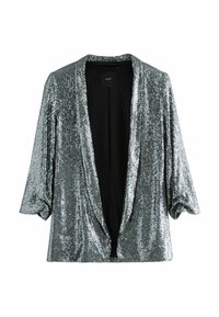 Silberner Blazer mit Pailletten, offenes Vorderteil und Dreiviertelärmel, mit schwarzem Innenfutter.