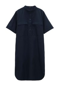 Nachtschwarzes Kurzarmhemdkleid mit Stehkragen, Knopfleiste vorne und zwei Brusttaschen. Verfügt über einen geraden Schnitt.