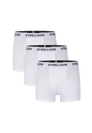 Witte katoenen boxershorts met een zwarte elastische tailleband gemarkeerd met "STRELLSON," met een gladde oppervlakte en een nauwsluitend ontwerp. Drie stukken tentoongesteld.