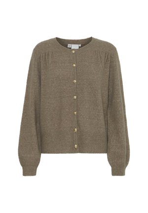 Cardigan tricotat de culoare bej, cu mâneci lungi, guler rotund și închidere cu nasturi frontali cu accente aurii. Manșete și tiv ribbate.