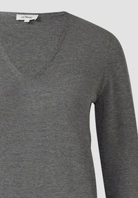 Gray knitted sweater with a V-neck and long sleeves. The texture appears soft, with a subtle, uniform pattern throughout. Brand tag visible.