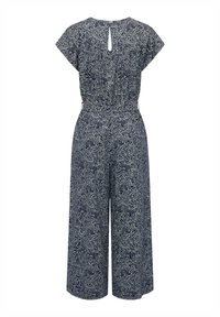 Marineblå jumpsuit med blomstermønster, ærmer med cap sleeve, indsnævret talje, brede ben og knaplukning bagtil med en nøglehulldetalje.