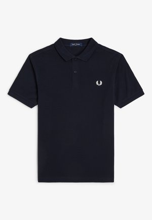 Marineblaues Polohemd mit kurzen Ärmeln, Zwei-Knopf-Leiste und weißem, besticktem Lorbeerkranz-Logo auf der linken Brust.