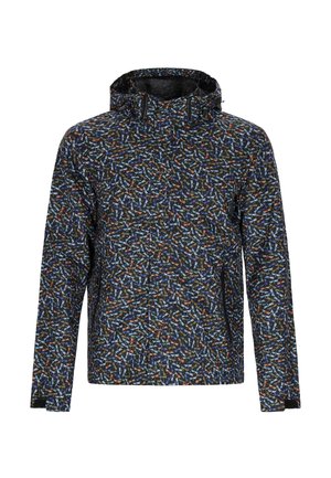 Patterned jacket featuring a black background with multicolored leaf-like designs. It has a hood and long sleeves, made from lightweight fabric.