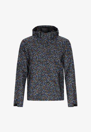 Mønstret jakke med sort baggrund og multikolor bladlignende design. Den har hætte og lange ærmer, lavet af letvægtsstof.