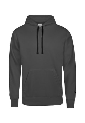 Dunkelgrauer Kapuzenpullover mit schwarzen Kordeln, einer vorderen Kängurutasche und gerippten Bündchen und Saum.