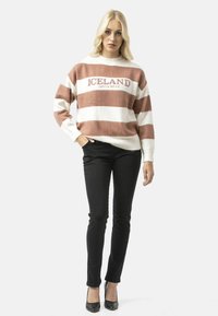 Gestreepte sweater in crèmekleur en roestkleur, met de tekst "ICELAND" op de voorkant. Gecombineerd met zwarte broek en zwarte hakken.