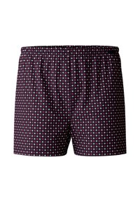 Shorts en jersey bleu marine avec un motif géométrique répétitif en rouge, blanc et bleu. Dotés d'une taille élastique et d'une coupe décontractée.