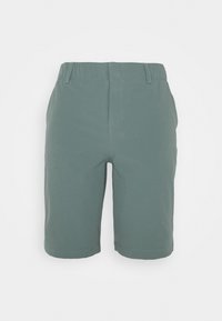 Pánské šortky v tlumené zelené barvě, vyrobené z hladkého materiálu. Mají elastický pas a rovný střih nohavic bez viditelných vzorů.