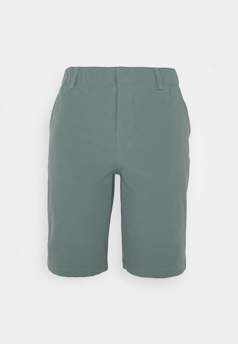 Pánské šortky v tlumené zelené barvě, vyrobené z hladkého materiálu. Mají elastický pas a rovný střih nohavic bez viditelných vzorů.