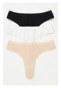 Tre paia di perizoma: nero, bianco e nude. Realizzati in tessuto morbido con bordi ondulati. Design semplice e colori neutri.