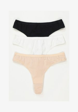 Tres pares de tangas: negras, blancas y nude. Hechas de tela suave con bordes scalloped. Diseño simple y colores neutros.