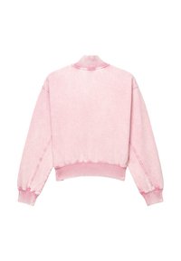 Hellrosa gewaschener Langarm-Sweatshirt mit gerippten Bündchen, Bund und hohem Kragen, von hinten vor weißem Hintergrund gezeigt.