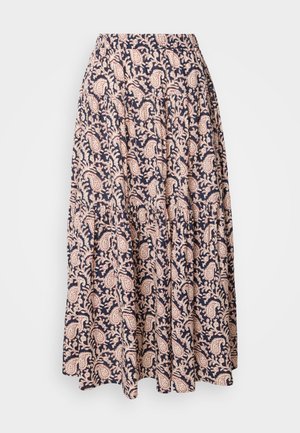 Navy blauwe maxi rok met een ingewikkeld crèmekleurig bloemenpatroon; beschikt over een gegatherde taille en een vloeiende A-lijn silhouet. Getextureerde stof.