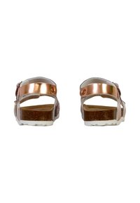 Sandales marron et or rose avec un design de sangle, semelle en liège et semelle extérieure en caoutchouc blanc, présentant un accent métallique et une boucle ajustable.