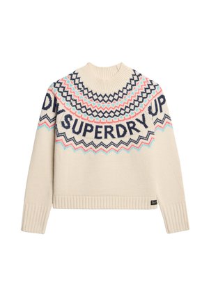 Suéter corto color crema con un cuello acanalado. Presenta un patrón geométrico y el texto "SUPERDRY" en colores navy y pasteles.
