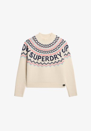 Suéter corto color crema con un cuello acanalado. Presenta un patrón geométrico y el texto "SUPERDRY" en colores navy y pasteles.