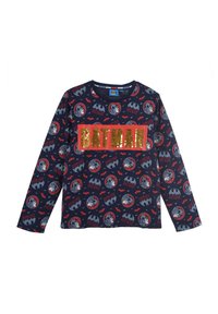 Navy lange mouw t-shirt met Batman prints en een gouden, glinsterende "BATMAN" tekst. Gemaakt van zachte stof, met ronde hals en regular fit.