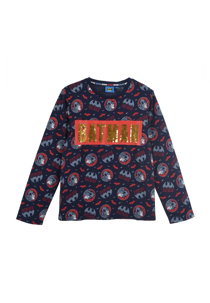 Navy lange mouw t-shirt met Batman prints en een gouden, glinsterende "BATMAN" tekst. Gemaakt van zachte stof, met ronde hals en regular fit.