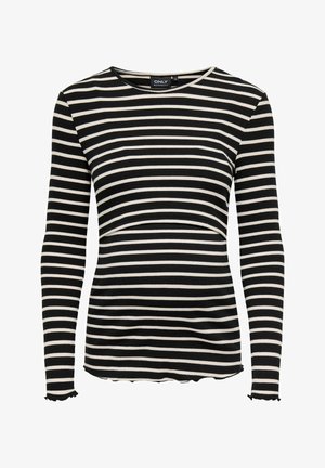 Gestreiftes, langärmliges Stilloberteil in Schwarz und Creme, mit gerippter Textur, rundem Ausschnitt und Rüschendetails an den Ärmel- und Saumkanten.