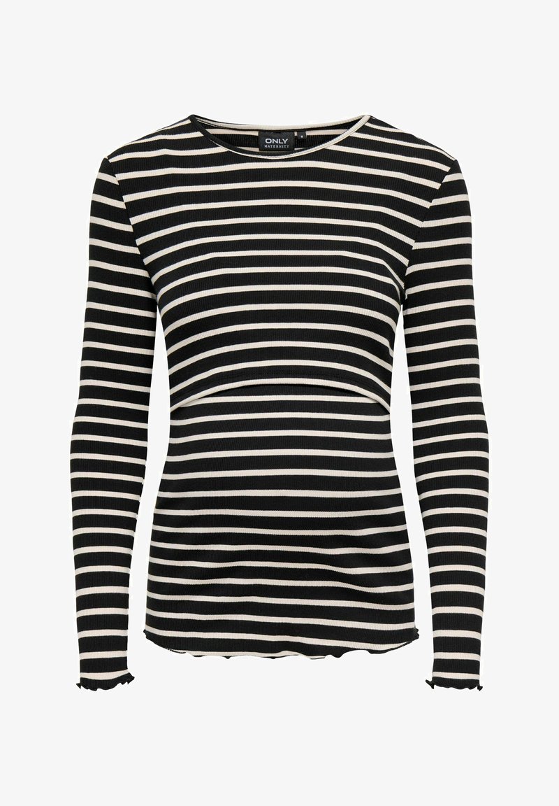 Csíkos, fekete és krém színű, hosszú ujjú kismama felső, bordázott textúrával, kerek nyakkivágással, fodros szegéllyel az ujjaknál és az alján.