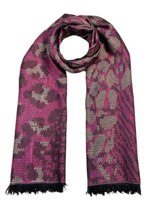 Écharpe tissée en rose, bordeaux et gris avec un motif texturé, présentant des bords à franges pour le détail. Matériau doux avec un design léger.