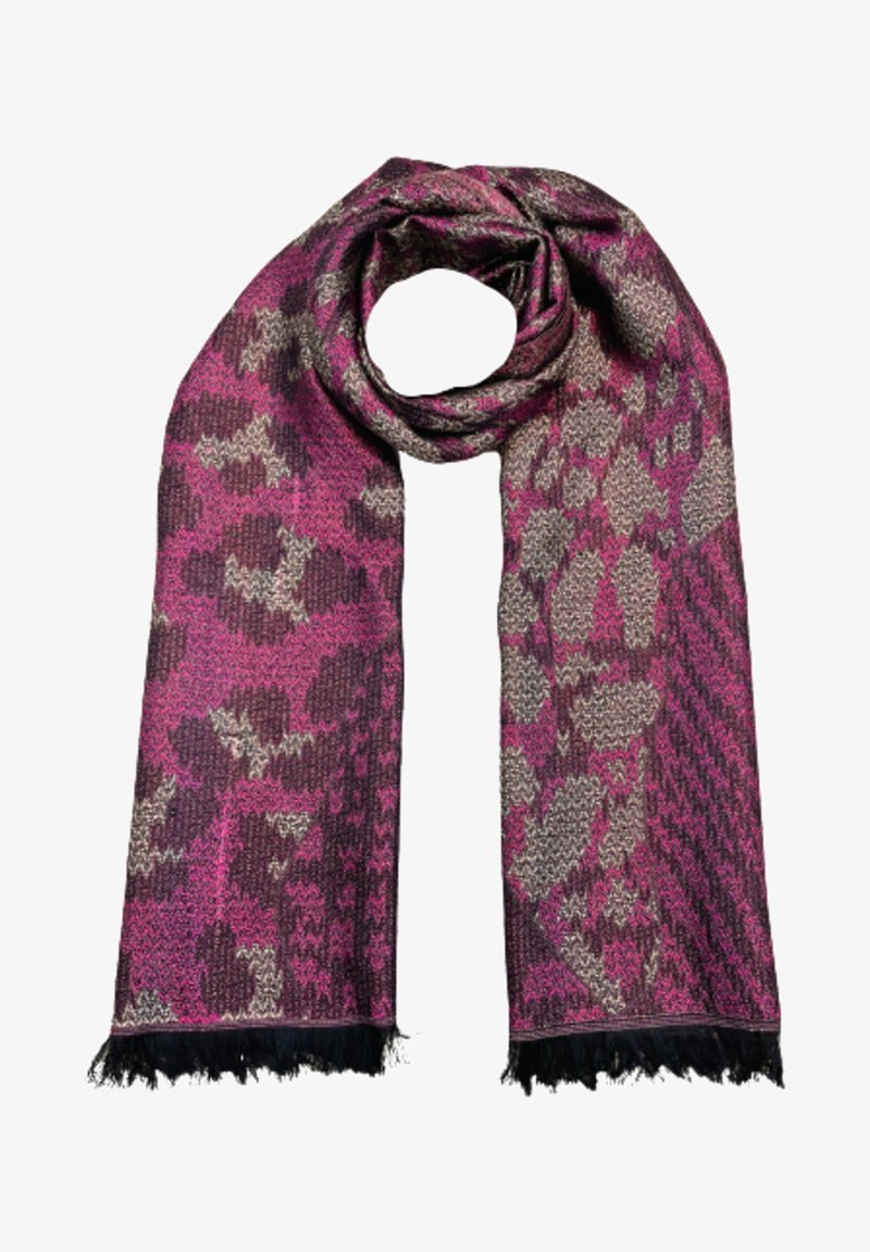 Écharpe tissée en rose, bordeaux et gris avec un motif texturé, présentant des bords à franges pour le détail. Matériau doux avec un design léger.