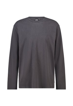 T-shirt met lange mouwen in donkergrijze katoen, ronde halslijn, losse pasvorm, gladde textuur, en minimale stikdetail langs de zoom en manchetten.