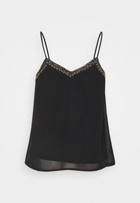 Camiseta sin mangas negra con tirantes ajustables, que presenta un escote en forma de V adornado con cuentas doradas decorativas a lo largo del borde.