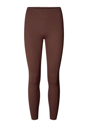 Braune, dehnbare Leggings mit hohem Bund, die eine glatte Textur und ein enganliegendes Design aufweisen, das von der Taille bis zu den Knöcheln reicht.