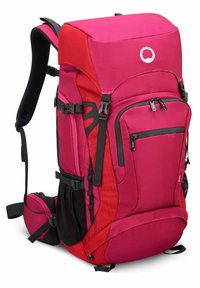 Zaino rosa e rosso con spallacci imbottiti, numerose tasche con zip, dettagli in rete e spallacci regolabili per un supporto ottimale. Materiale testurizzato.
