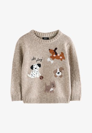 Pull beige pour enfants avec des chiens joueurs brodés, un os, une balle et la phrase "let's play!" sur le devant.