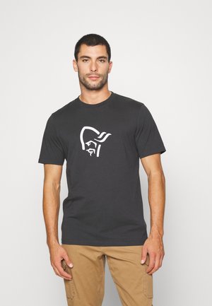 Black cotton t-shirt featuring a white graphic design on the chest, short sleeves, and a crew neckline. Simple and casual style.