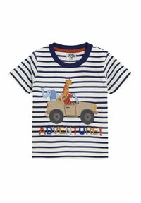 Gestreiftes T-Shirt mit kurzen Ärmeln in Creme und Marineblau, das ein tierisches Motiv mit einem Giraffe, einem Elefanten und einem roten Fuchs in einem Auto zeigt, mit dem Text "ABENTEUER!".