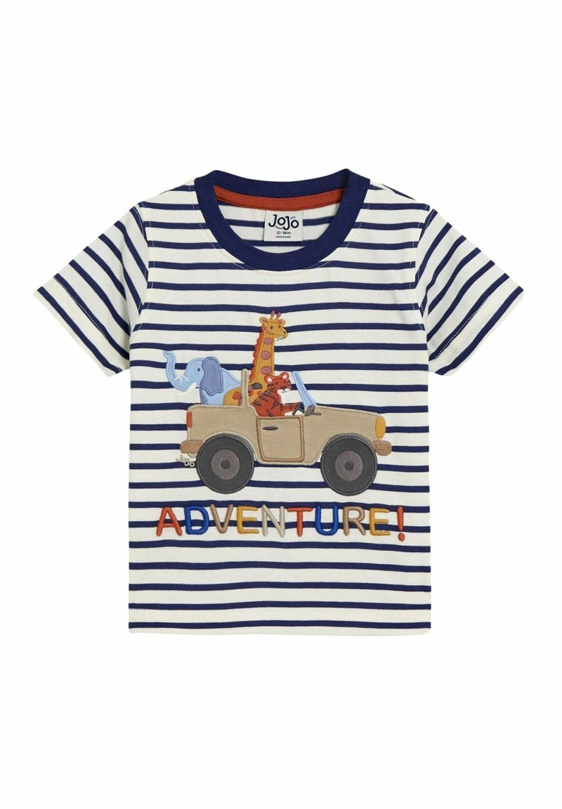 Gestreiftes T-Shirt mit kurzen Ärmeln in Creme und Marineblau, das ein tierisches Motiv mit einem Giraffe, einem Elefanten und einem roten Fuchs in einem Auto zeigt, mit dem Text "ABENTEUER!".