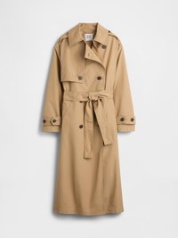 Manteau trench beige en tissu léger, avec des boutons double boutonnage, une taille ceinturée et un col classique.