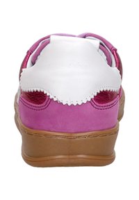 Pink suede and white leather sneaker with a textured back, curved design, and tan rubber sole. Features scalloped accents and mesh details.