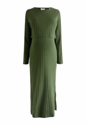 Langes, olivgrünes, geripptes Kleid mit rundem Ausschnitt und langen Ärmeln, ausgestattet mit einem taillierten Oberteil und ausgestelltem Rock mit seitlichem Schlitz.