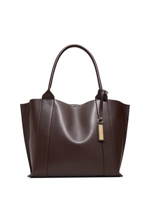 Dark brown leather tote bag with two shoulder straps and a gold tag attached to one strap.