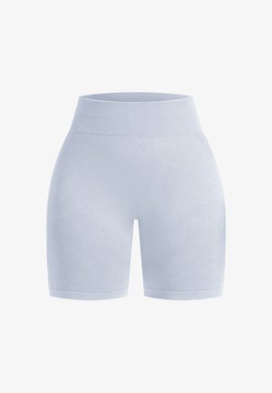 Shorts de talle alto en azul claro, confeccionados en una tela suave y elástica. Presentan patrones texturizados sutiles y un acabado liso en el dobladillo.