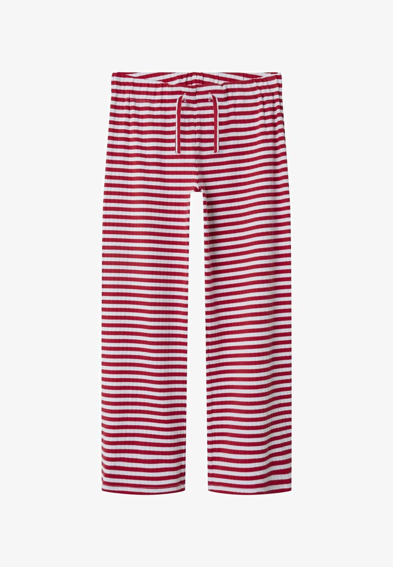 Rood-wit gestreepte loungebroek met een ontspannen pasform, voorzien van een elastische tailleband en een trekkoord voor verstelbaar comfort.