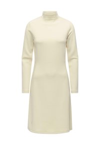 Langarmkleid in Creme mit hohem Kragen, tailliertem Oberteil und schwingendem Saum, gefertigt aus einem glatten, weichen Stoff.