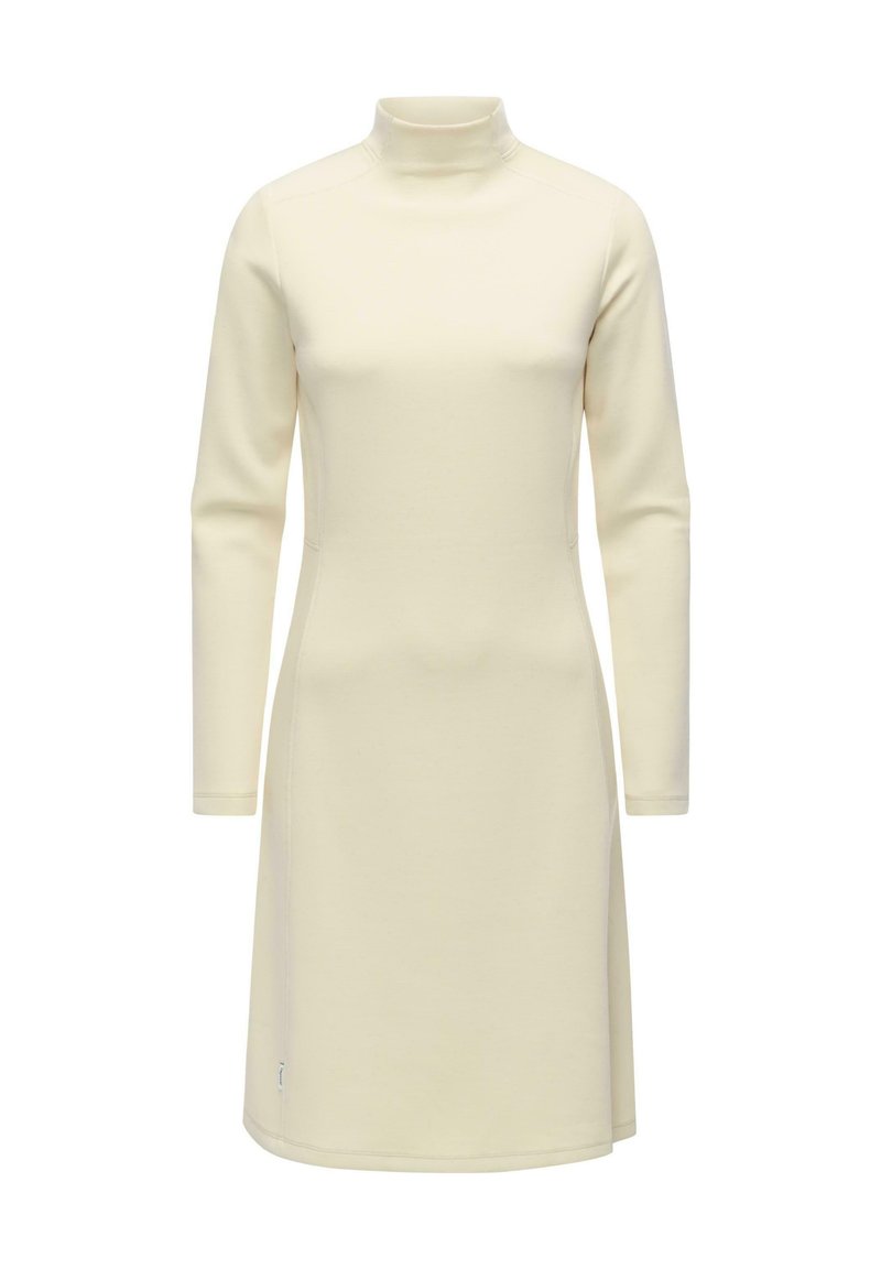 Langarmkleid in Creme mit hohem Kragen, tailliertem Oberteil und schwingendem Saum, gefertigt aus einem glatten, weichen Stoff.