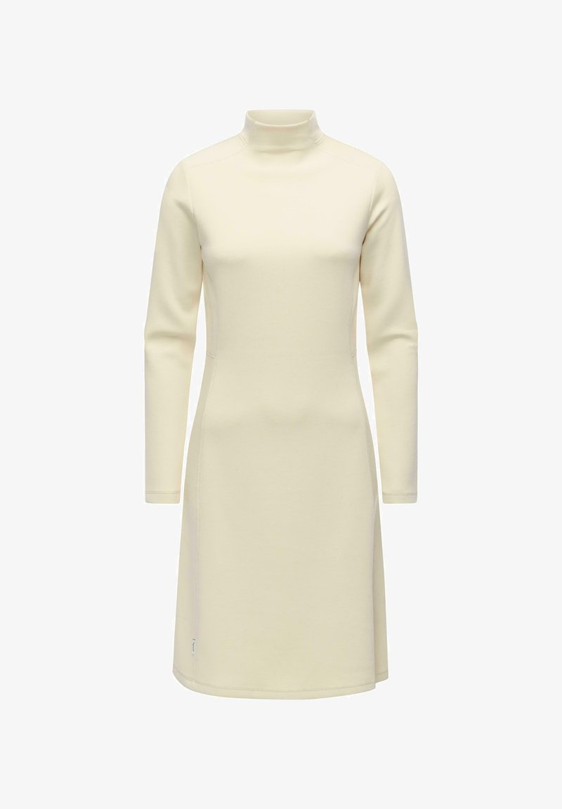 Langarmkleid in Creme mit hohem Kragen, tailliertem Oberteil und schwingendem Saum, gefertigt aus einem glatten, weichen Stoff.