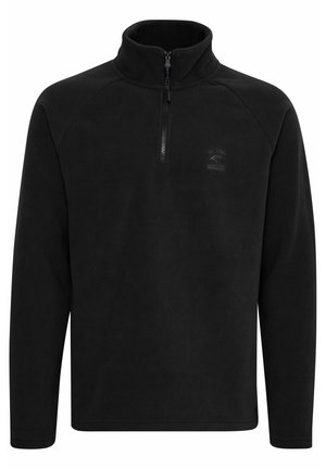 Sudadera de forro polar negra con media cremallera, mangas raglán y un detalle de logo sutil. Textura suave y diseño simple para calidez y comodidad.