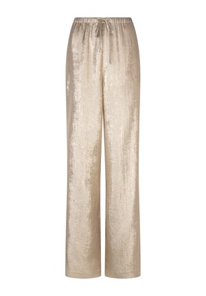 Beige broek met trekkoord en een losse pasvorm, gemaakt van een glanzende, gestructureerde stof. Voorzien van een wijd been en een ontspannen silhouet.