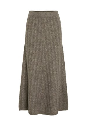 Gonna in maglia marrone a trama a treccia, con una forma svasata, caratterizzata da una ampia vita elastica e un motivo testurizzato su tutta la superficie. Materiale in maglia morbido.