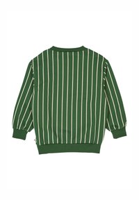 Pullover verde a maniche lunghe con strisce bianche verticali, colletto, polsini e orlo a coste, mostrato da dietro.