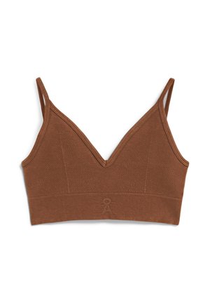 Bralette en coton marron avec un profond décolleté en V, des détails texturés sur les bonnets et une bande élastique lisse en bas. Dispose de bretelles ajustables.