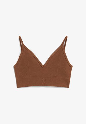 Bralette en coton marron avec un profond décolleté en V, des détails texturés sur les bonnets et une bande élastique lisse en bas. Dispose de bretelles ajustables.